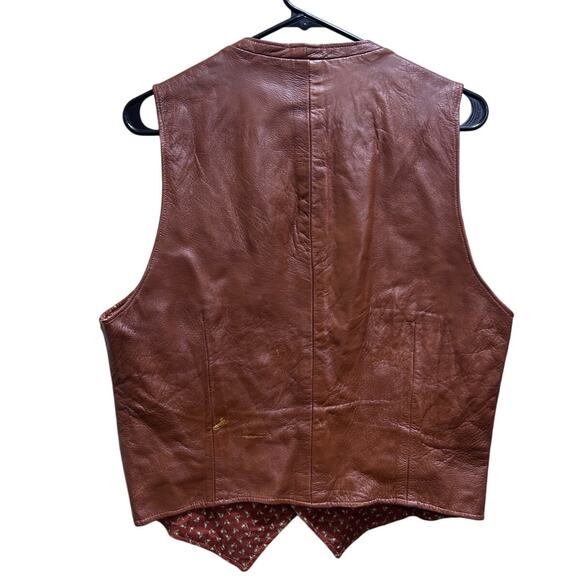 Vintage Handmade Faux Leather Western Vest O/S Floral Cotton Lining Brown Ranch - Picture 4 of 9